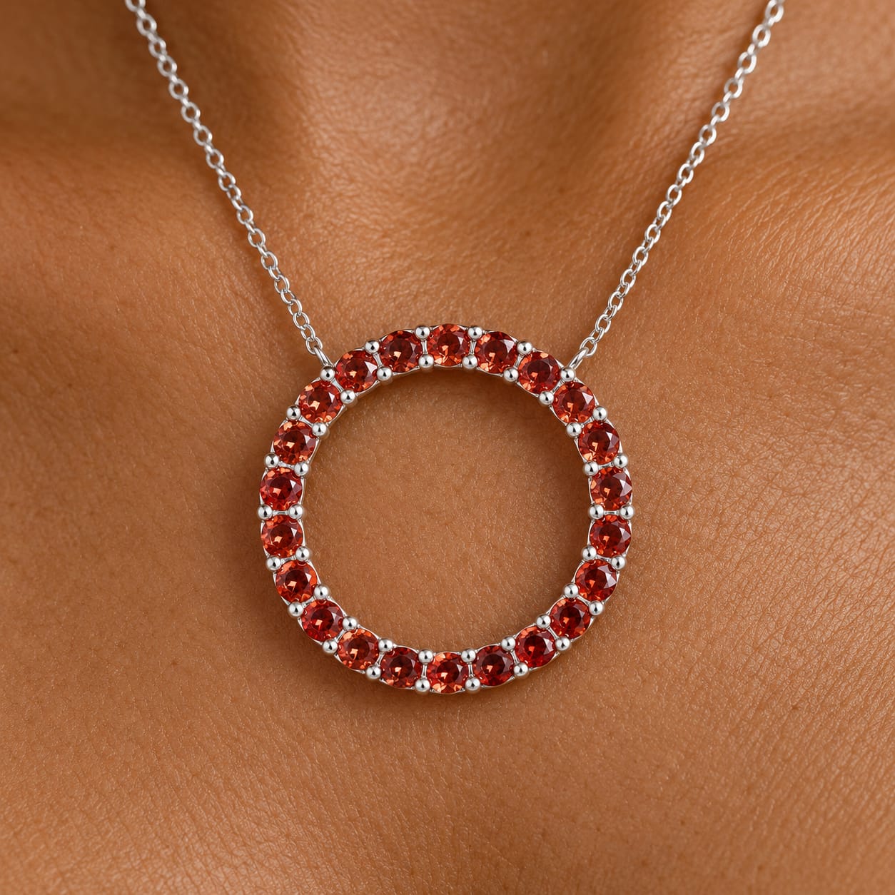 Circle of Life Garnet Necklace in Silver – 18 Stone Red Halo Pendant 1 Crimson gem hoop necklace close-up
