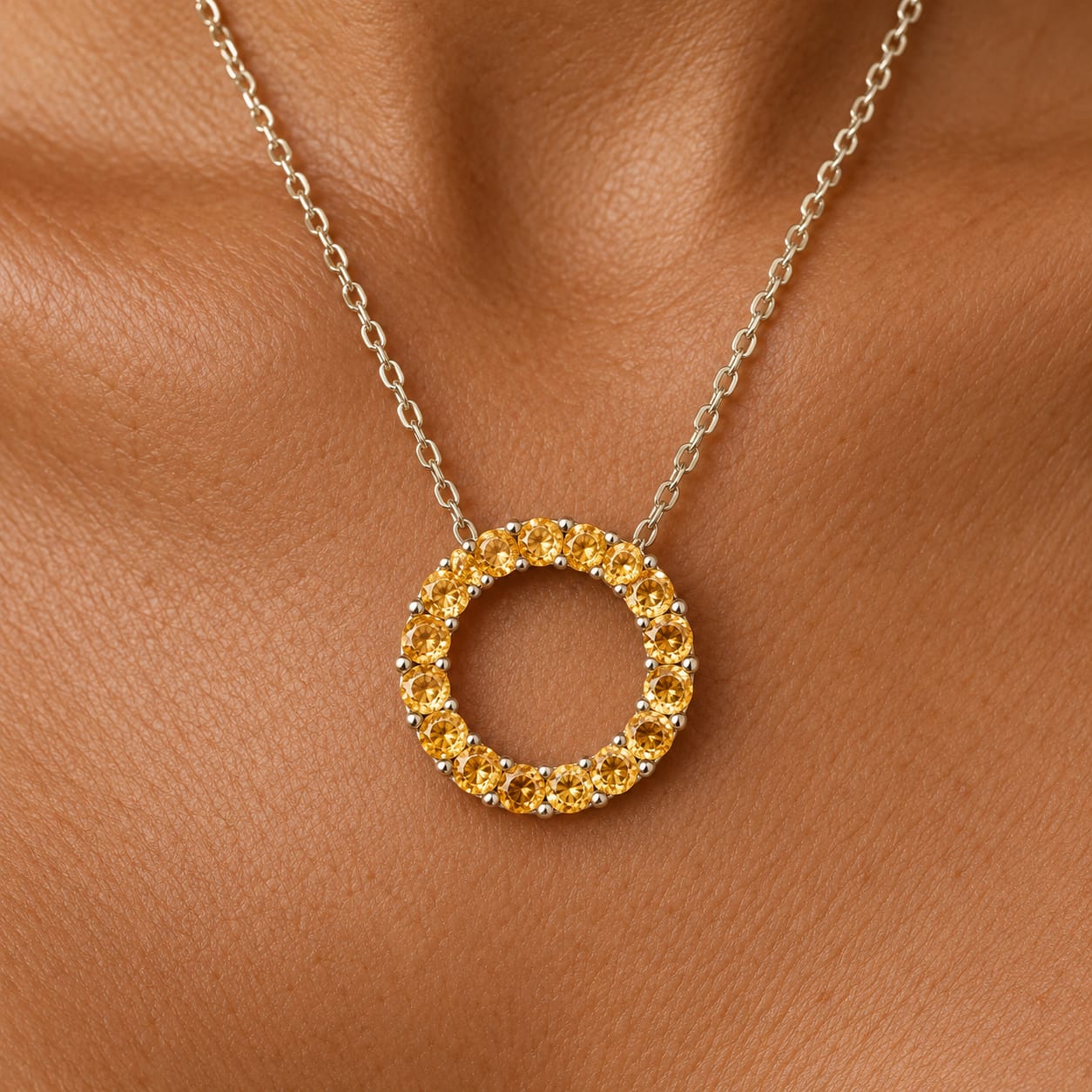 Circle of Life Citrine Necklace – 14 Stone Golden Halo Pendant 1 Golden Citrine Circle Pendant