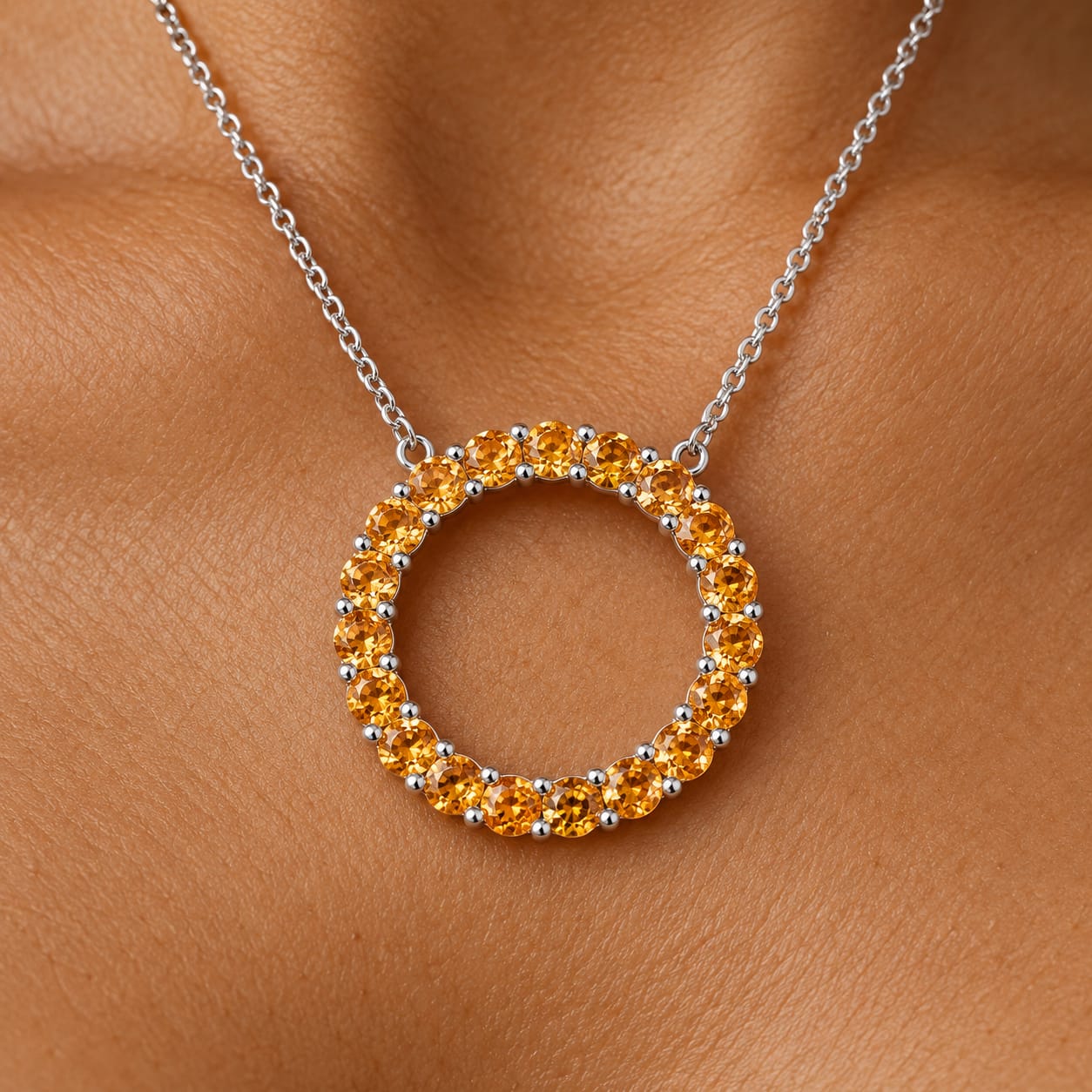 Circle of Life Citrine Necklace | 18 Stone Gold Energy Pendant 1 Golden citrine circle pendant close-up