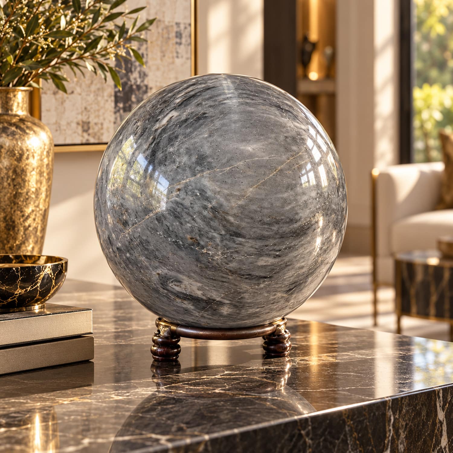 Grey Polished Stone Sphere | Large Decorative Orb 1 Grey Polished Stone Sphere | Large Decorative Orb