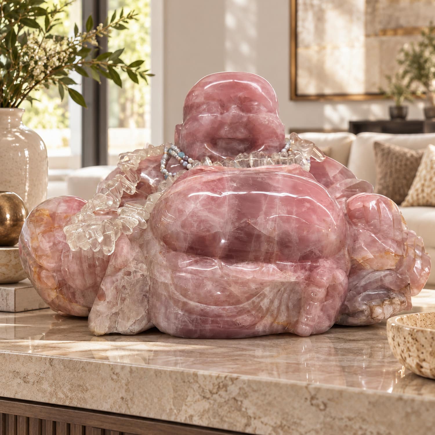 Rose Quartz Laughing Buddha | Large Stone Sculpture 1 Rose Quartz Laughing Buddha | Large Stone Sculpture