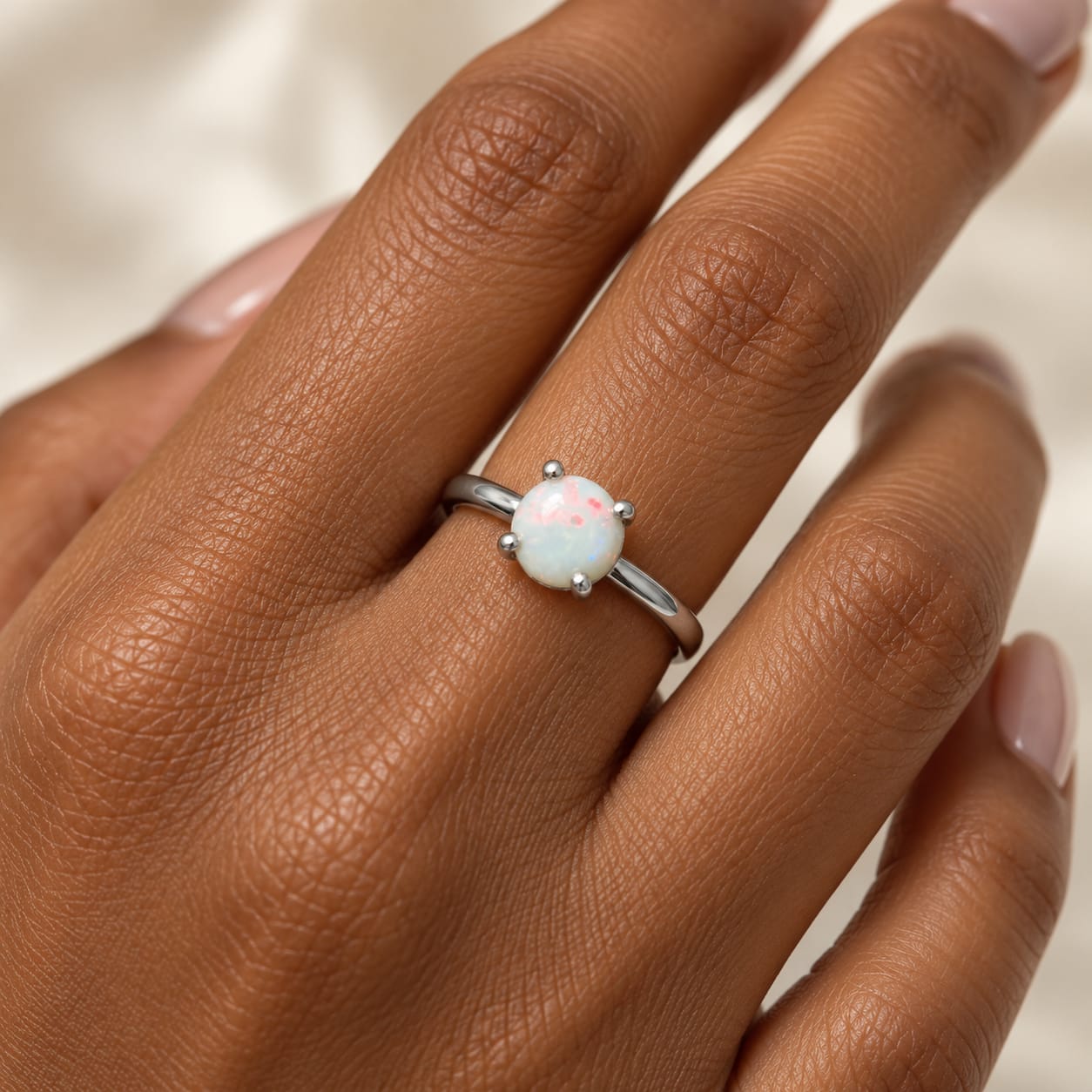 Natural Round Opal Ring 6 mm – Platinum-Plated 925 Sterling Silver 1 Natural Round Opal Ring 6 mm – Platinum-Plated 925 Sterling Silver